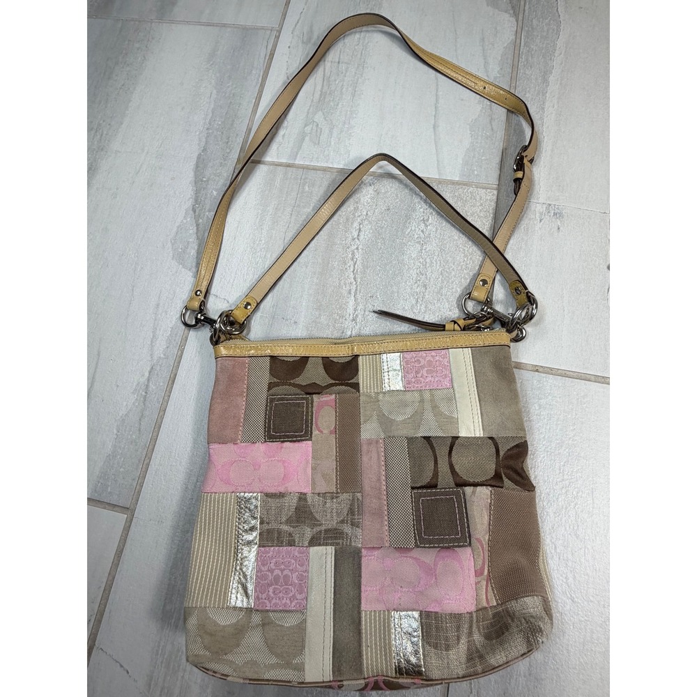 Coach Holiday Patchwork Crossbody Bag Pink Tan Gold Mixed Media F11333